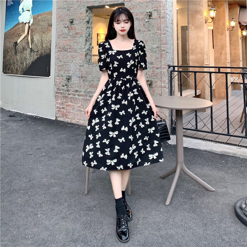 法式復古方領連衣裙女設計感小眾蝴蝶結chic裙子夏