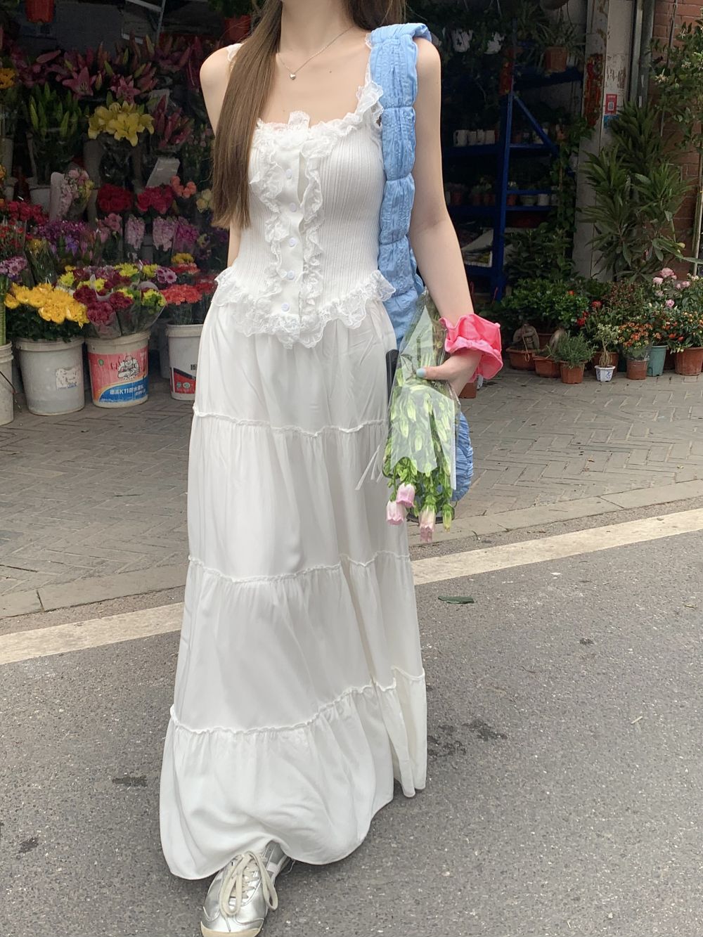 實拍三標齊度假風蕾絲花邊吊帶背心女夏長裙白色半身裙兩件套