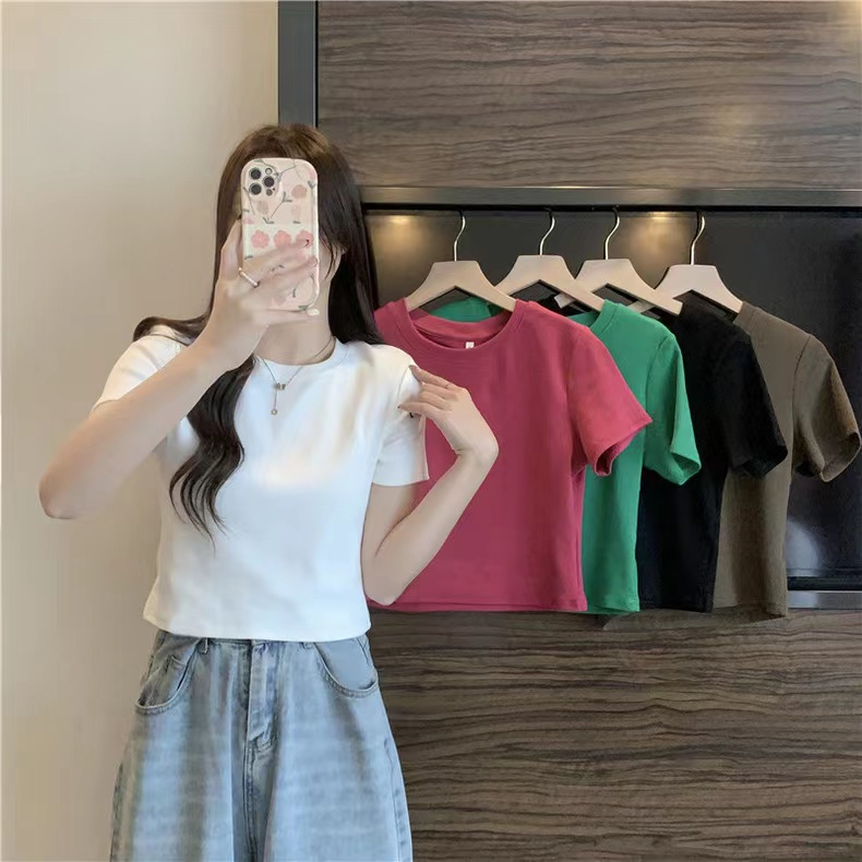 實拍純棉羅紋短款女T恤上衣