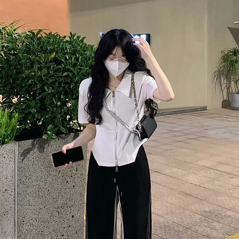 正肩短袖女t恤夏季小眾別致雙拉鏈短款上衣小個子polo衫