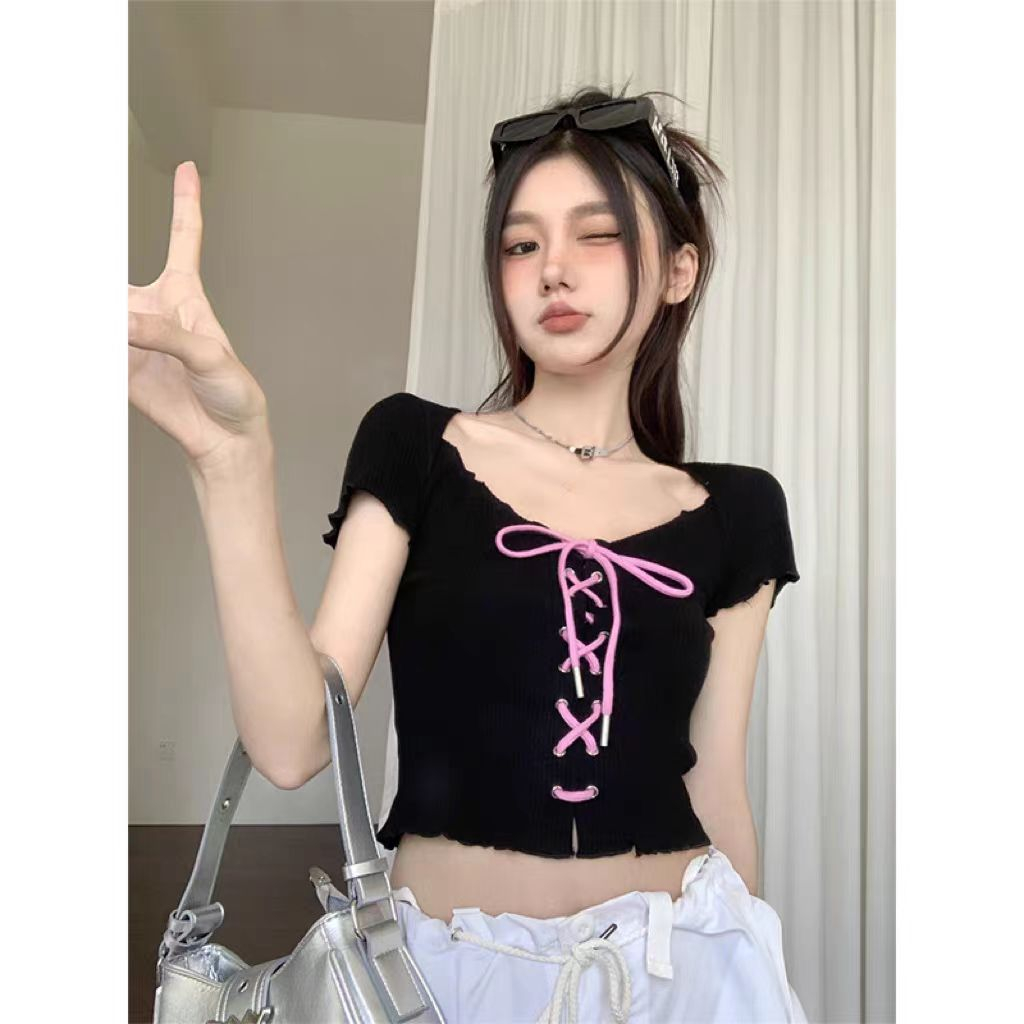 設計感小眾夏季新款T恤女法式撞色粉色抽繩黑色短款辣妹上衣短袖