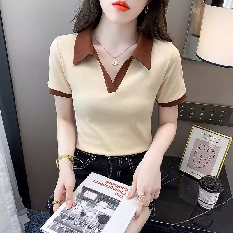 2024夏季新款女士短袖t恤短款小個子上衣polo衫翻領衣服女裝