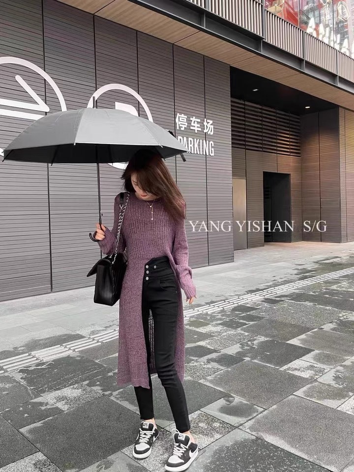 郭冪冪同款豎紋中開叉套頭長毛衣外套女春秋氣質圓領薄款針織上衣