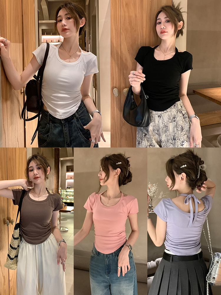 設計感小心機掛脖系帶短款T恤女夏季修身顯瘦辣妹正肩短袖上衣潮
