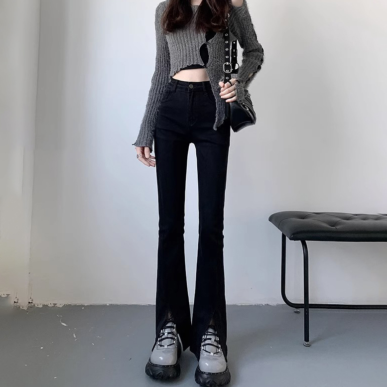 黑色開叉微喇高腰牛仔褲女春秋新款顯瘦彈力拖地分叉馬蹄喇叭褲子