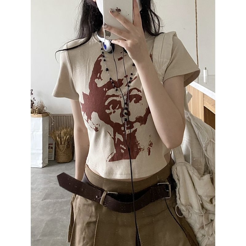 設計感小眾夏季新款美式辣妹印花短袖T恤女別致顯瘦短款百搭上衣