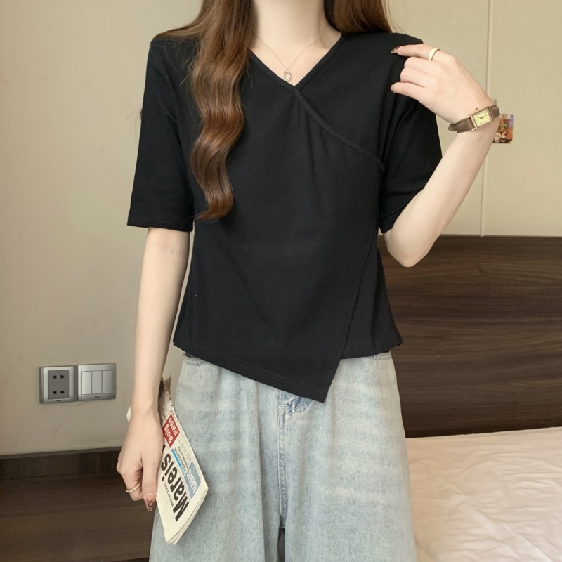實拍  40支純棉 2024夏裝不規則小眾交叉短袖T恤女V領