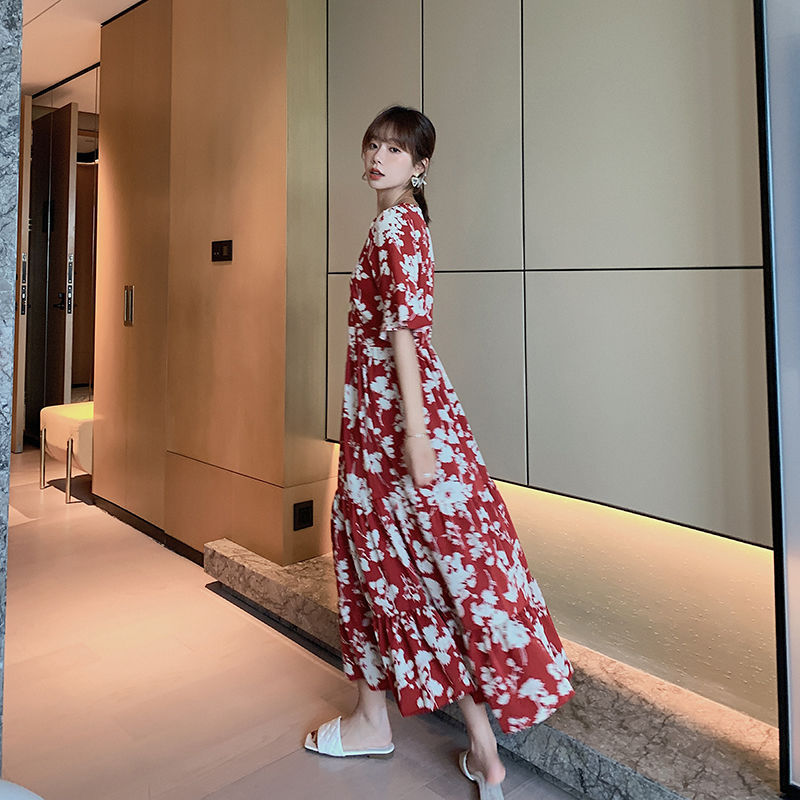 短袖連衣裙春夏秋2024新款花朵長裙紅色V領姐妹顯瘦收腰仙女裙子