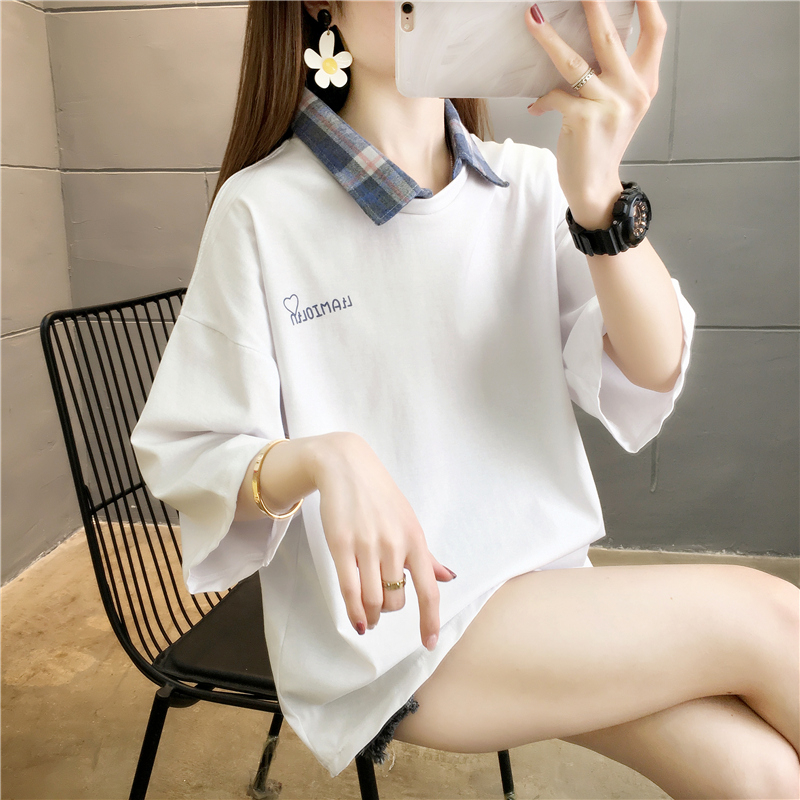 首發實拍63%棉37%滌包領好質量短袖T恤女2024新款假兩件