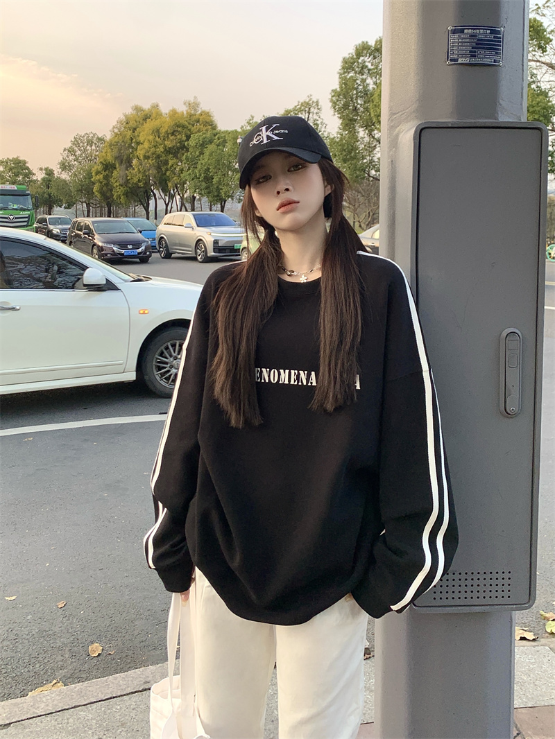 實拍 春秋百搭拼接衛衣套頭外套女韓版復古簡約寬鬆棒球服