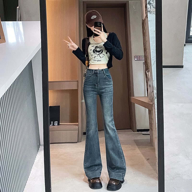 實拍2024春夏時尚潮流修身微喇美式復古牛仔褲女