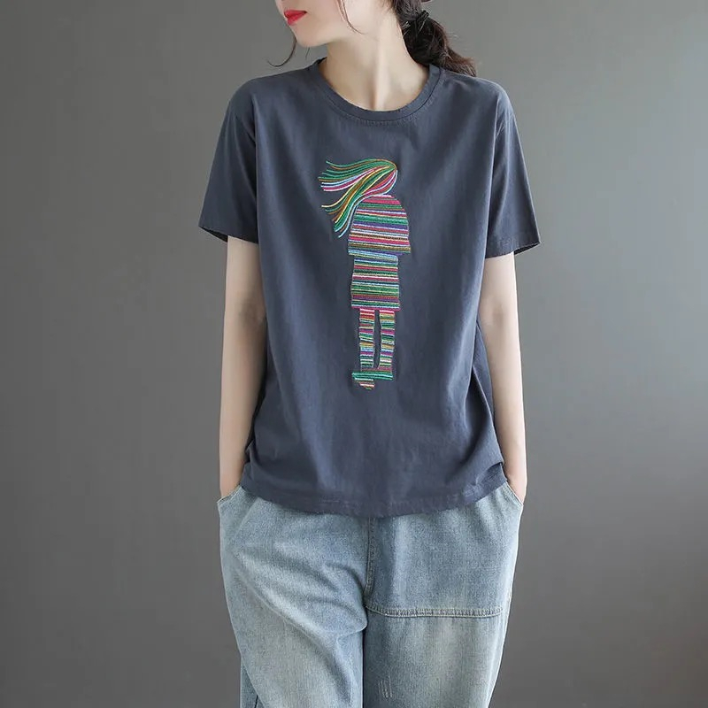 新款刺繡文藝短袖t恤女2024復古大碼女裝春夏季