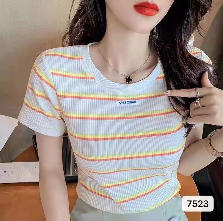條紋圓領短袖t恤女年新款夏裝寬鬆顯瘦時尚針織打底衫上衣服