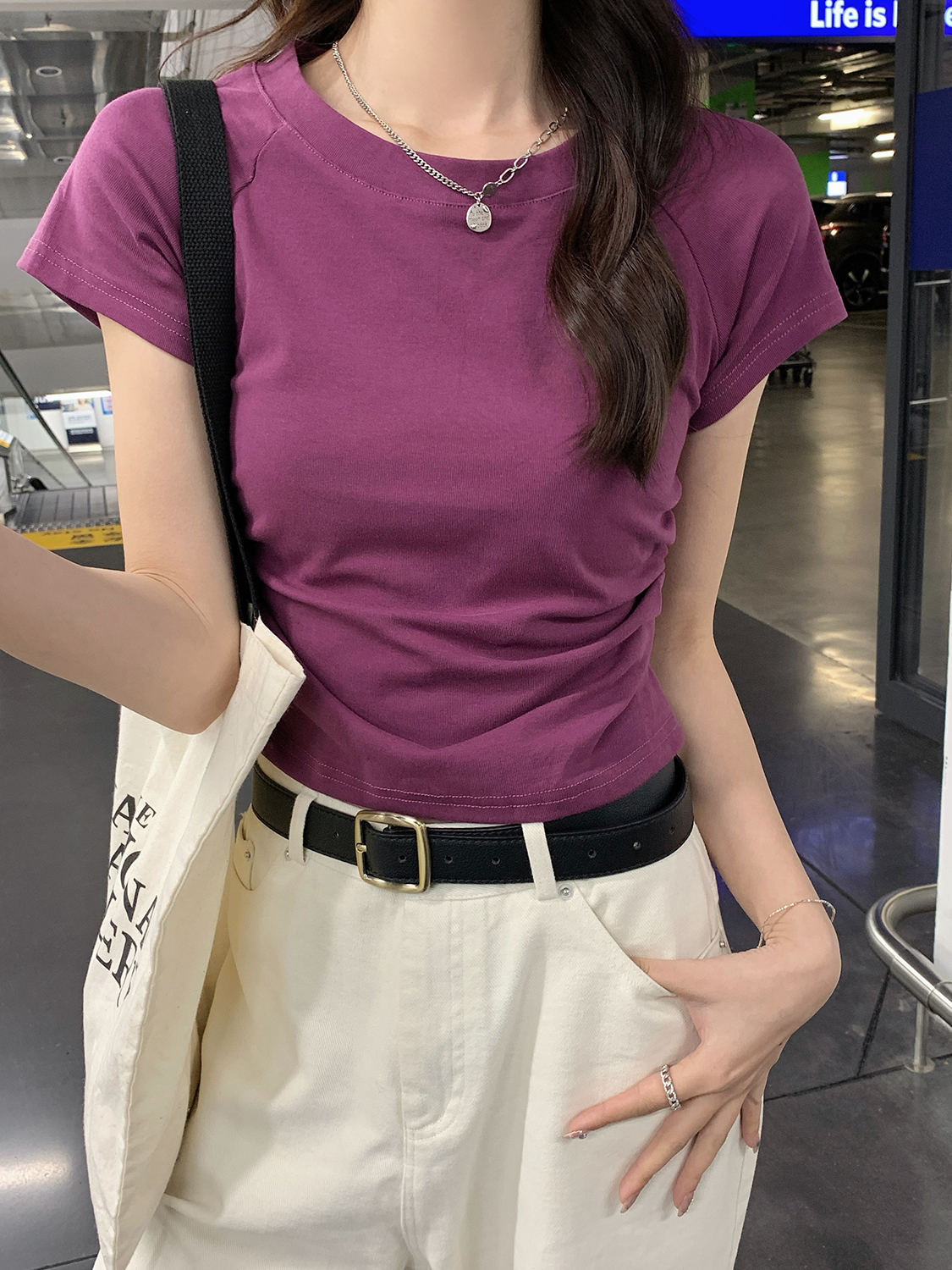 實拍40支210g精棉1×1辣妹紫色短袖t恤女夏季修身露背短款上衣