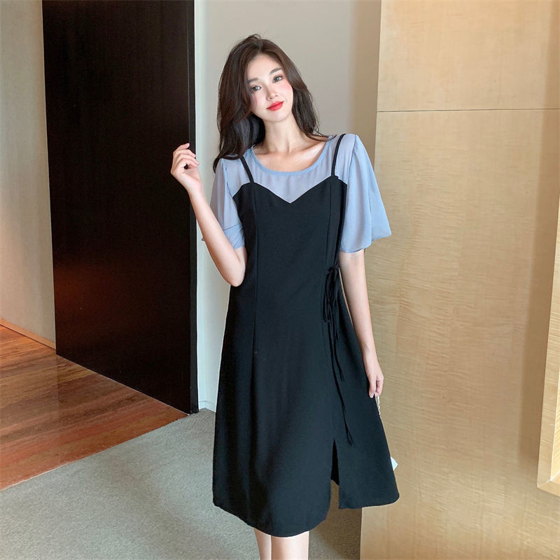 2024夏季新款假兩件吊帶開叉裙子收腰顯瘦女神必備氣質減齡連衣裙