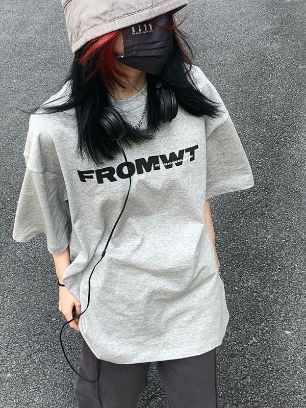 美式復古小眾設計感圓領短袖t恤男女淺灰色字母印花寬鬆百搭上衣
