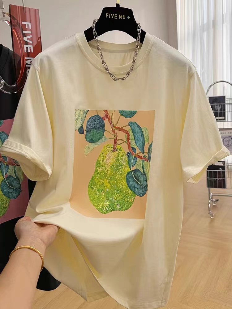 韓國ins簡約寬鬆百搭純棉打底衫高級感印花圓領大碼短袖T恤女
