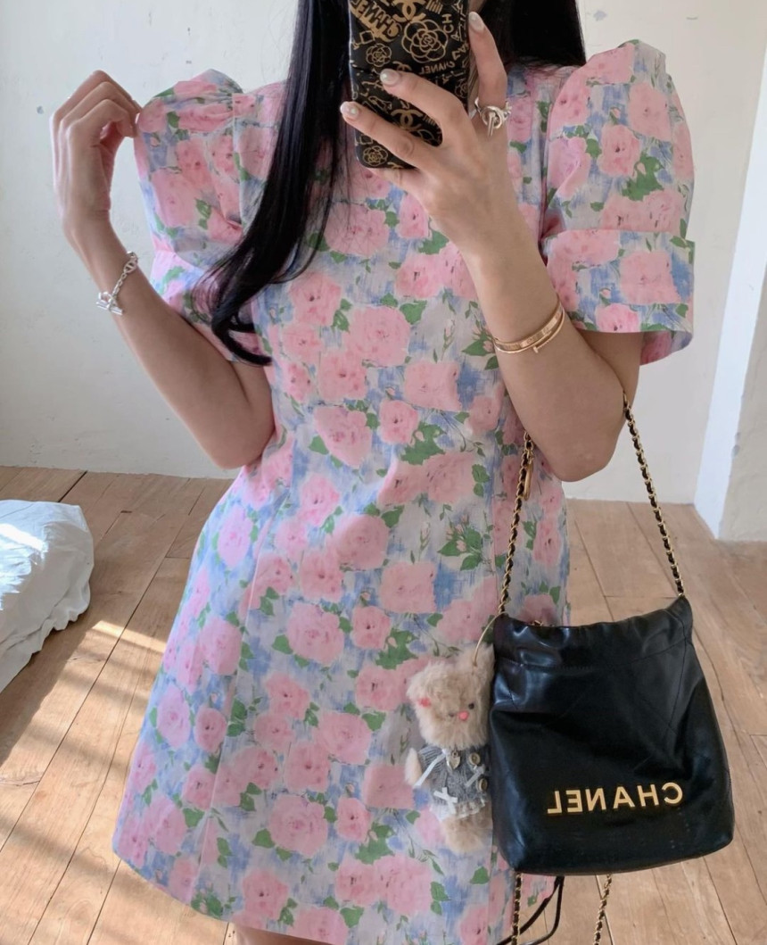 INS韓國東大門！夏季氛圍感甜美花朵圓領泡泡袖小個子顯瘦連衣裙