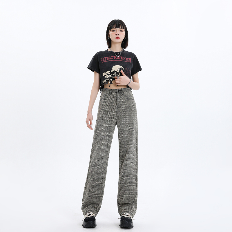 實拍2024春夏新款高端提花紋理闊腿美式拖地牛仔褲女