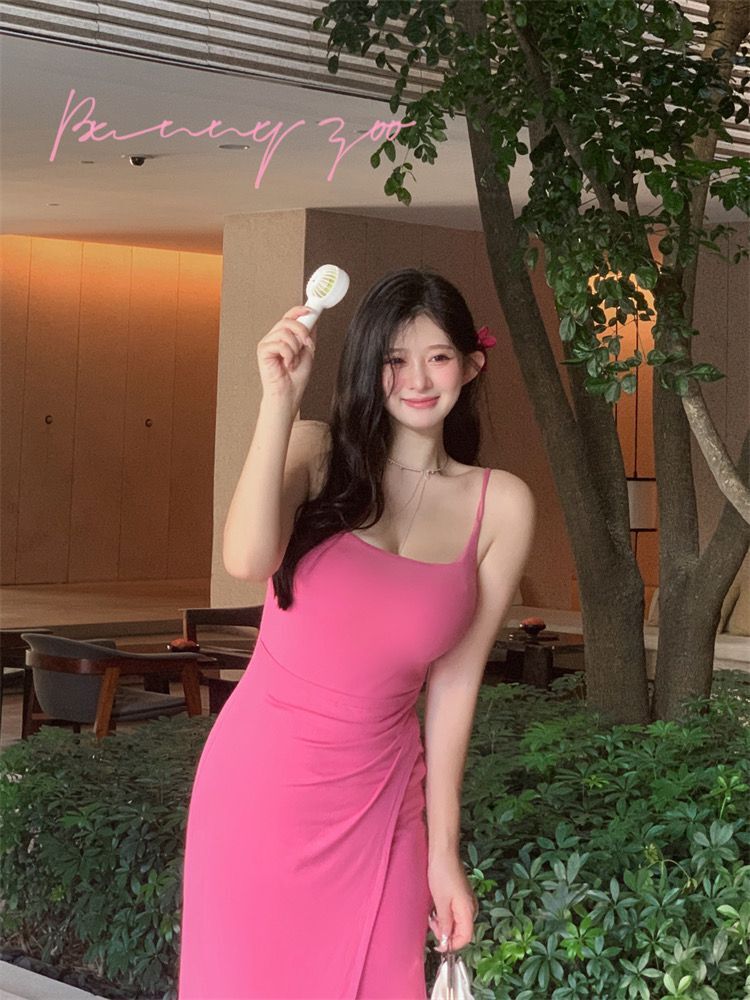 夏季吊帶連衣裙女微胖顯瘦氣質粉色長裙胖mm裙高腰設計