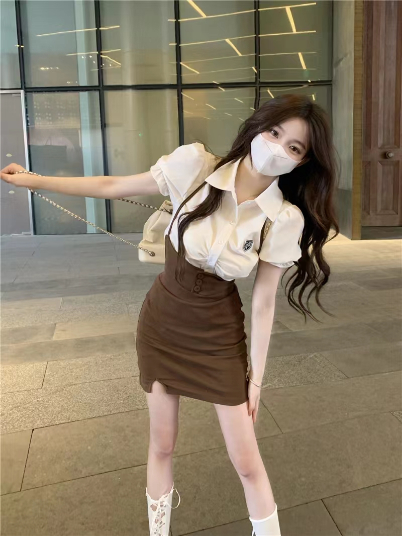 炸街學院風套裝女裝泡泡袖襯衫夏季吊帶連衣裙氣質甜辣裙子兩件套