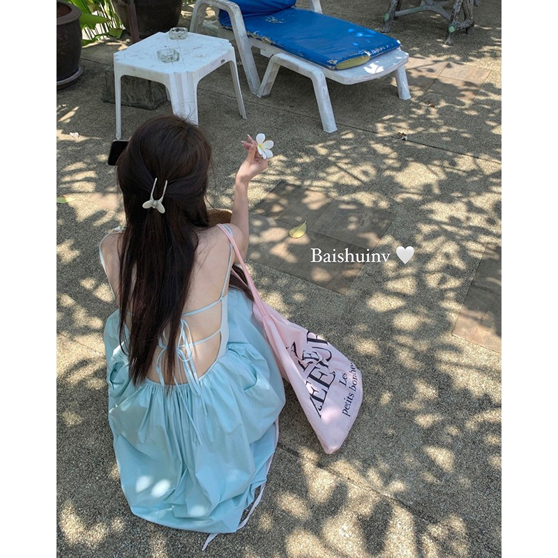 夏季多巴胺仙女裙露背吊帶連衣裙女夏海邊沙灘度假風仙女長裙子