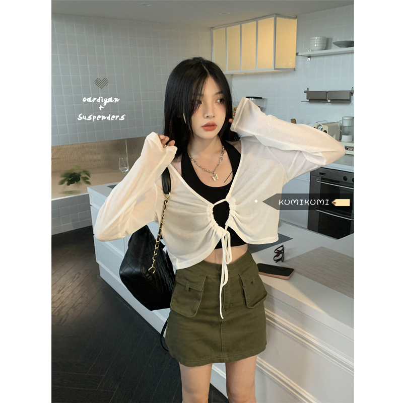 Short loose lace-up sun protection shirt thin cover-up women's summer halterneck camisole two-piece set