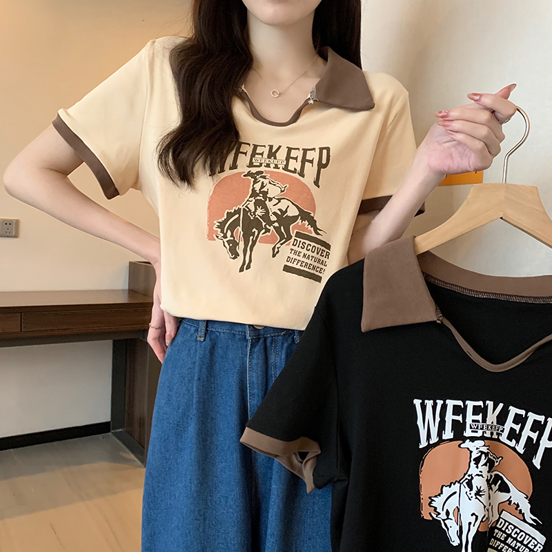 實拍 短袖t恤女夏韓版印花插肩袖短款翻領上衣大碼女裝