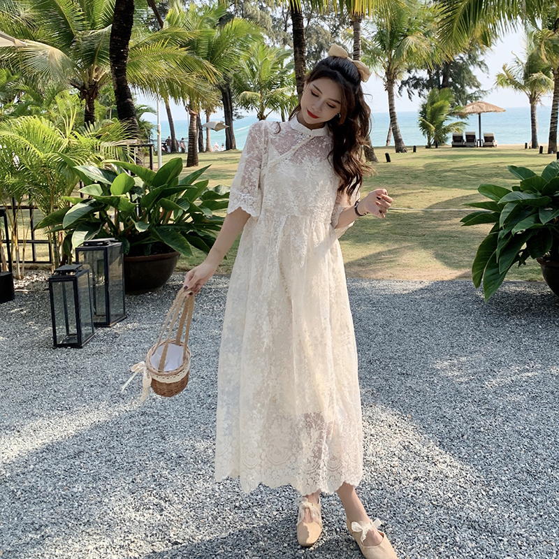 Real shot ~ 2024 new summer retro lace cheongsam loose dress fat mm medium long slim short-sleeved dress