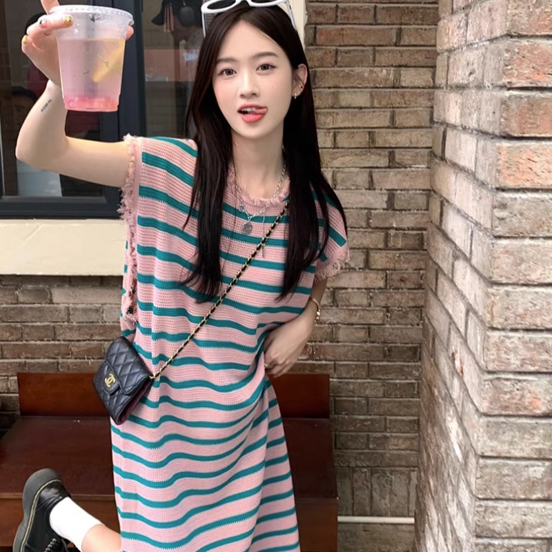 條紋針織背心連衣裙女夏季設計感流蘇中長款寬鬆顯瘦無袖t恤裙子