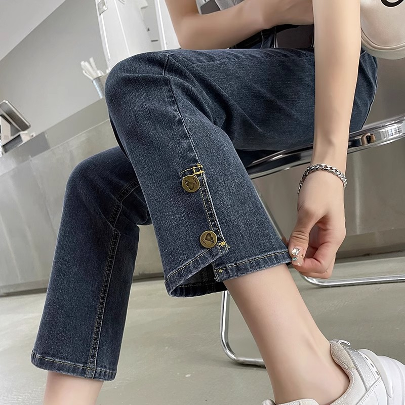 開叉直筒牛仔褲女春夏新款高腰顯瘦小個子九分窄版煙管法棍褲子潮