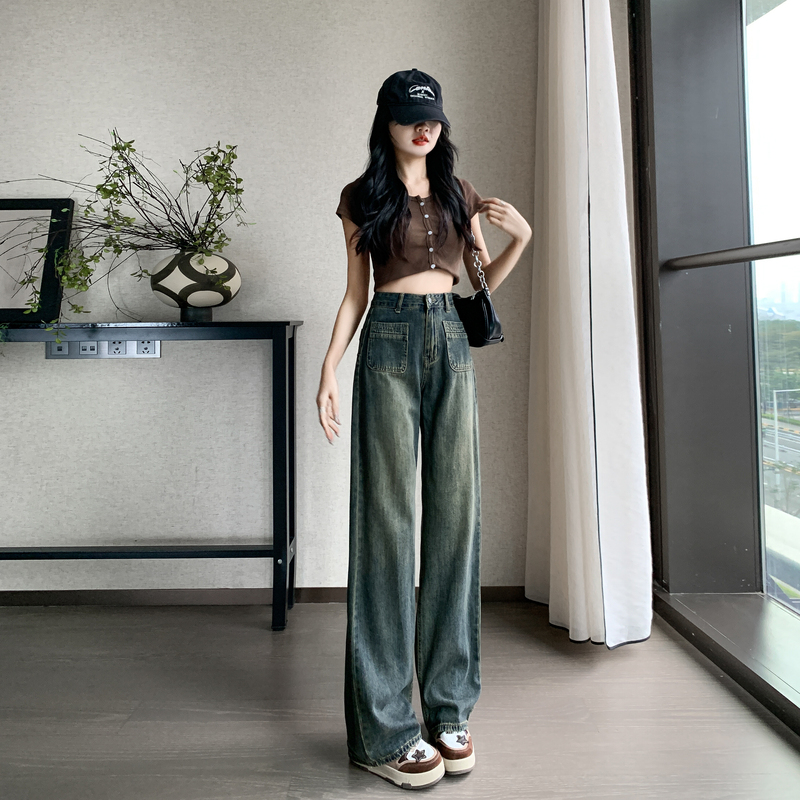 實拍春款新款水泥灰高腰牛仔褲女柔軟垂感闊腿拖地褲寬鬆顯瘦設計