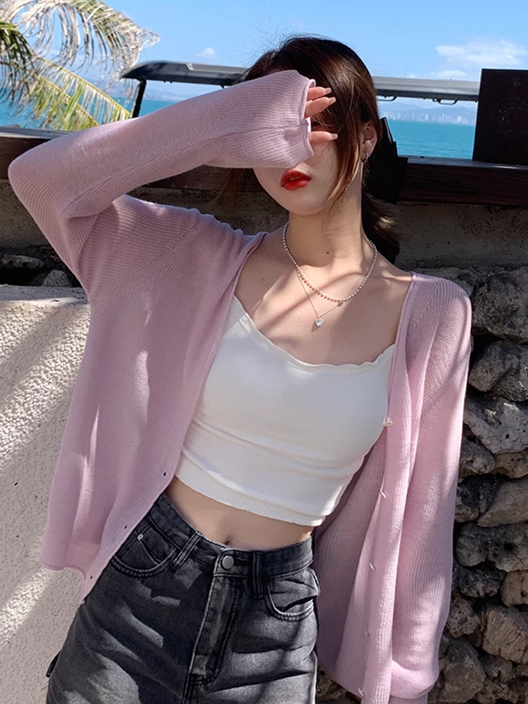 Ice silk knitted sun protection clothing for women in summer, thin French style shawl with suspender skirt and waistcoat air-conditioning cardigan