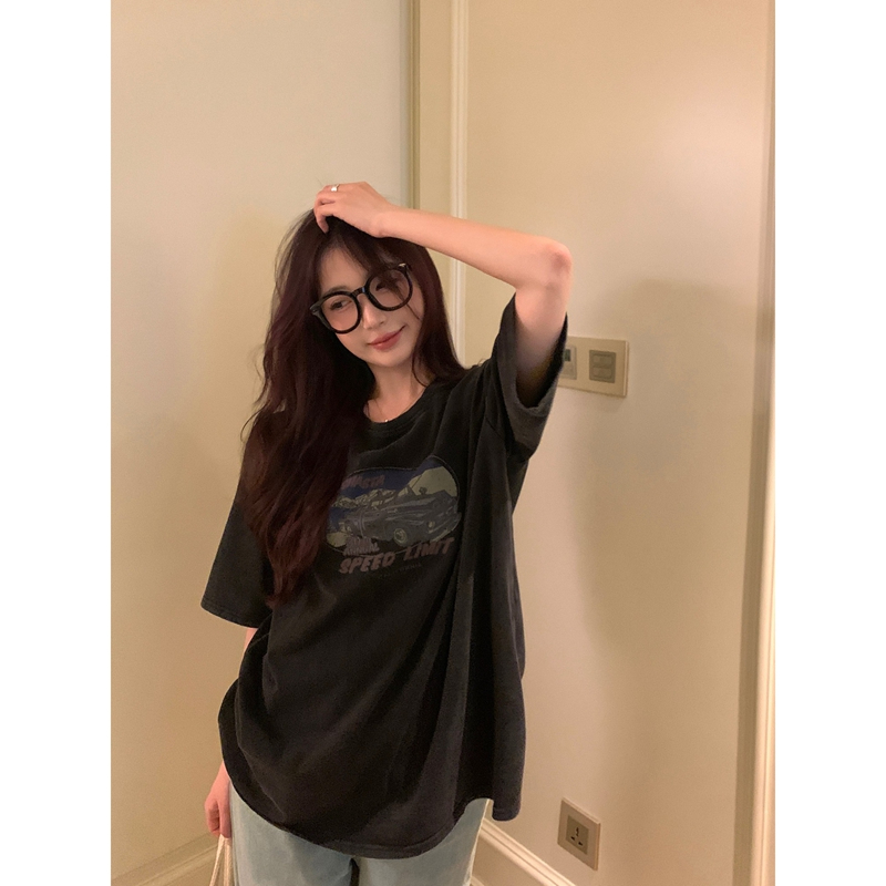 6535洗水棉拉架 美式復古正肩短袖T恤女春季新款