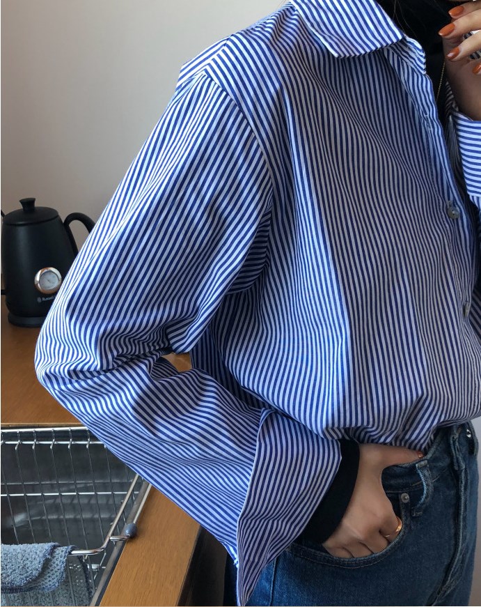 藍色條紋港風襯衫女長袖襯衣長袖上衣春秋季街頭小個子寬鬆薄款