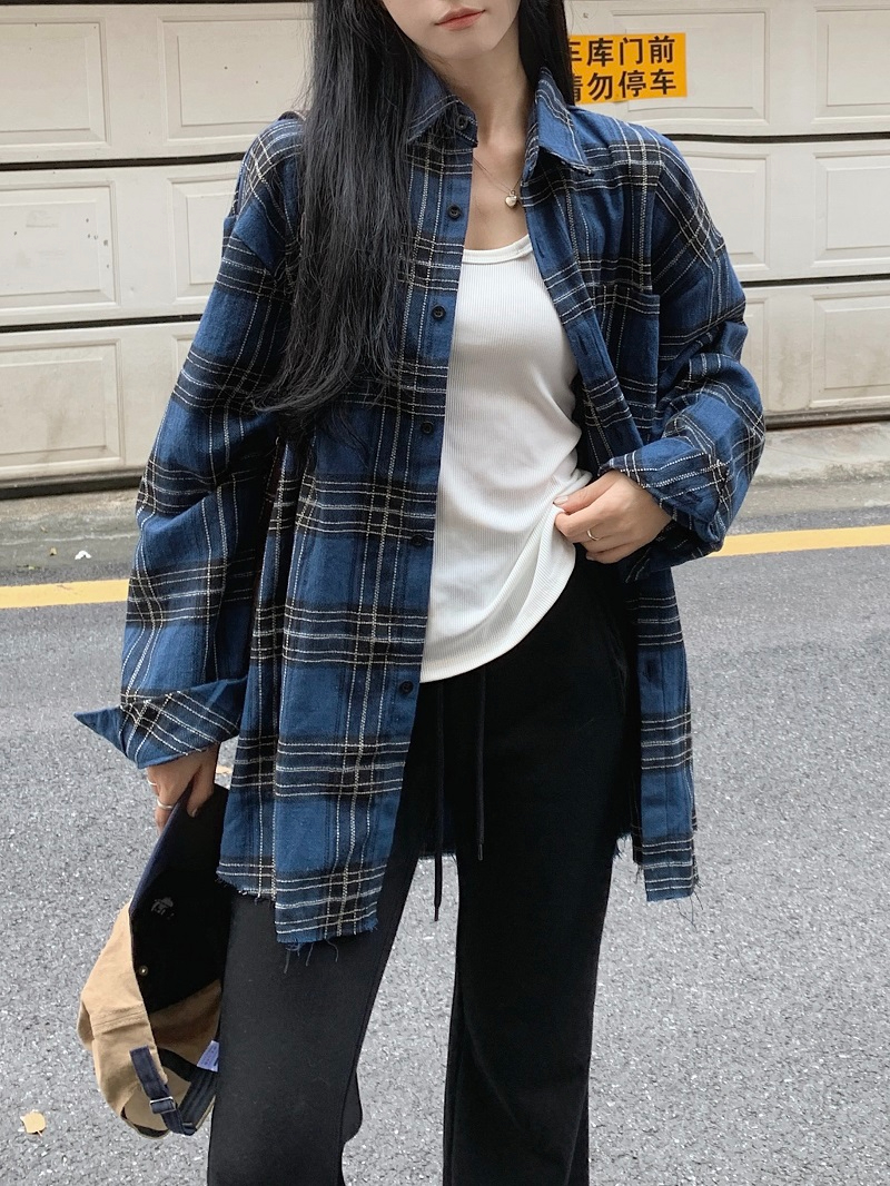實拍 美式復古百搭格子長袖襯衫外套寬鬆襯衣潮流休閒情侶上衣