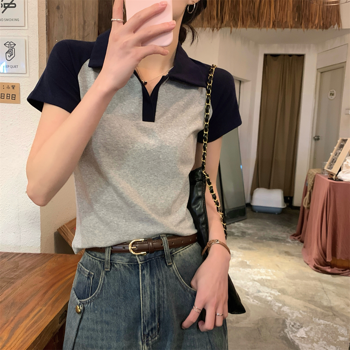 實拍 夏季韓版polo領插肩撞色顯瘦百搭純棉短袖上衣T恤女