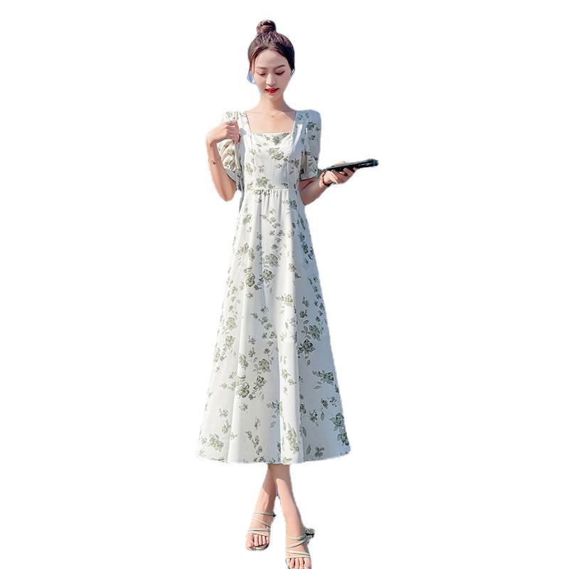 Travel Slim Square Neck Summer Mid-Length Korean Dress Retro 2024 Waist New Chiffon Hepburn