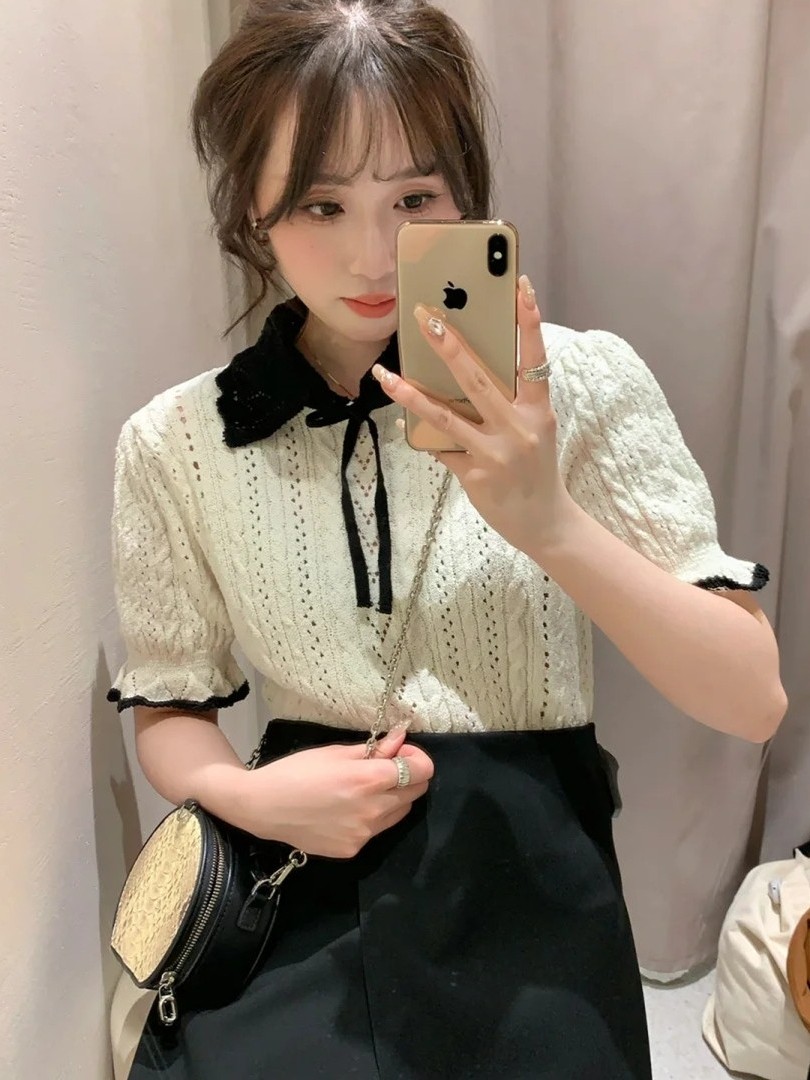 ZARA KISS新品娃娃領系帶短袖針織衫蝴蝶結鏤空甜美上衣女