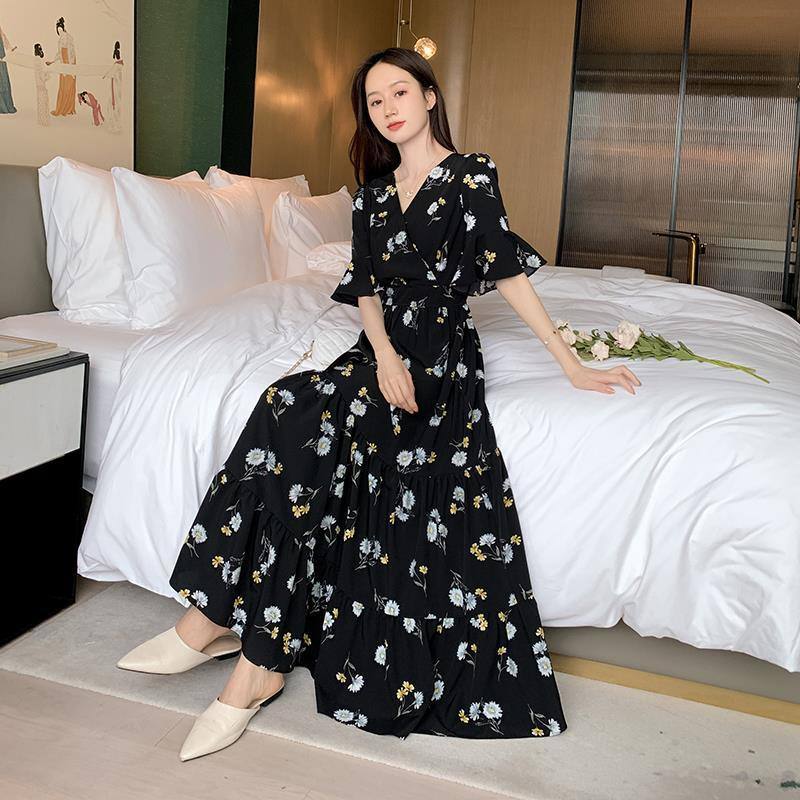 黑色裙連衣裙夏2024新款女碎花雪紡長裙v領高腰遮肚顯瘦裙子仙