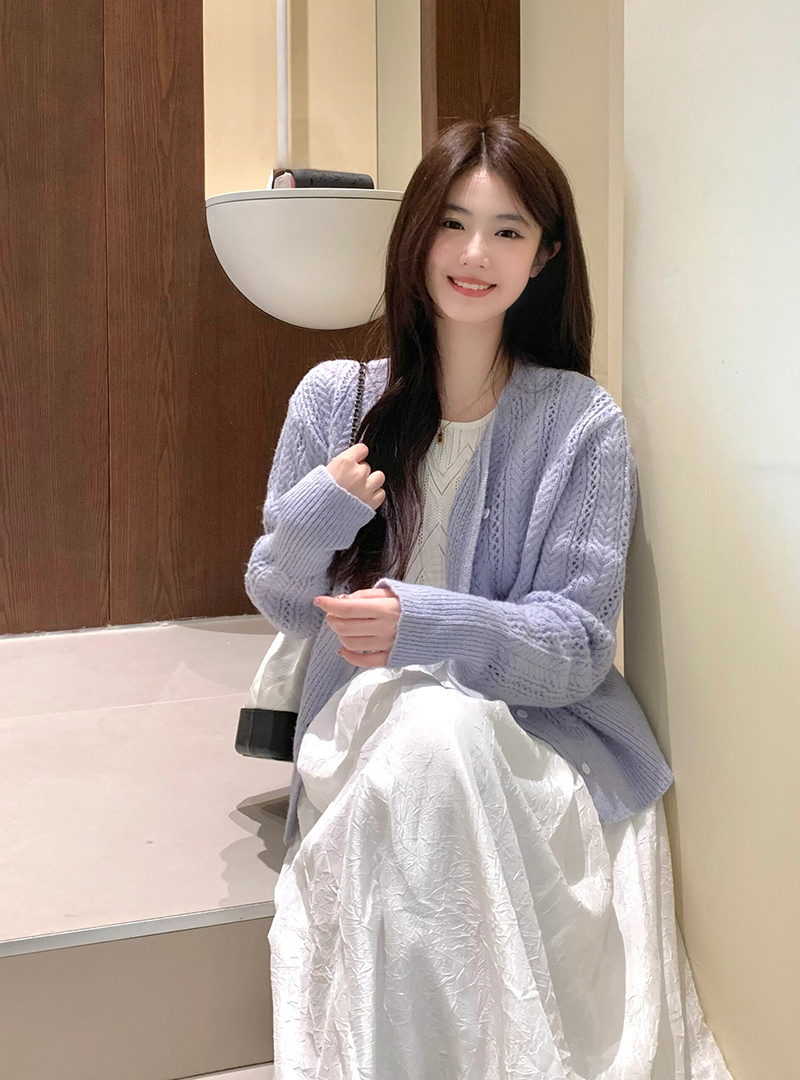 藍紫色鏤空針織開衫毛衣女2024春季新款寬鬆顯瘦上衣薄款外套簡約