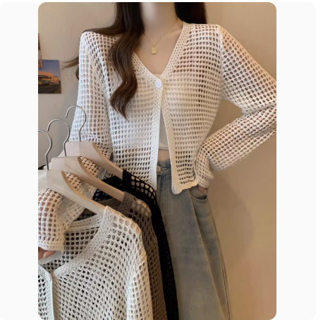 Summer new design hollow long-sleeved pure desire knitted cardigan sun protection clothing women's air-conditioning shawl jacket beach cover-up