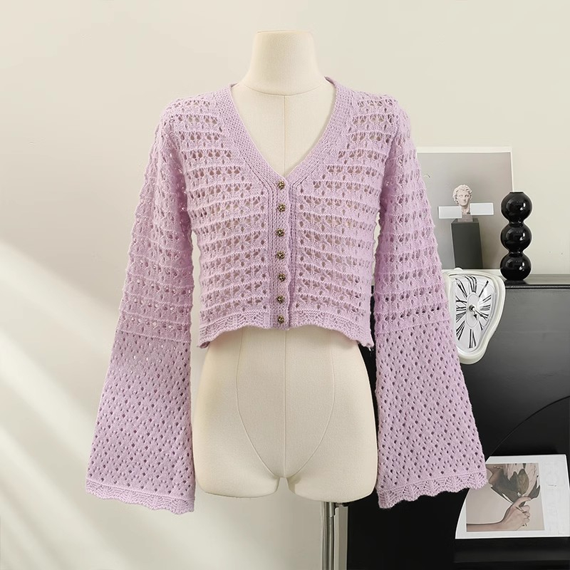 French hollow long-sleeved sun protection knitted cardigan for women summer loose outer wear with suspender skirt air-conditioning shirt blouse top