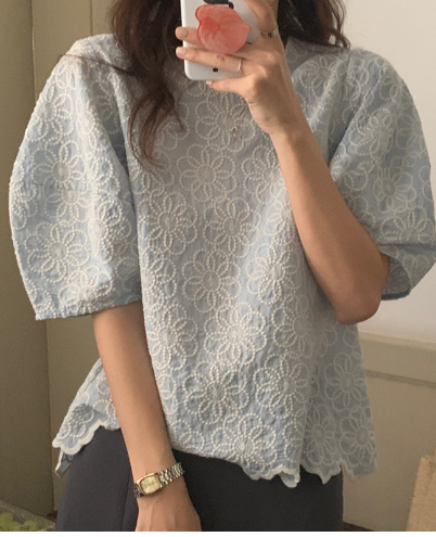 韓風chic泡泡袖上衣女新款設計感小眾別致重工刺繡花朵寬鬆襯衫