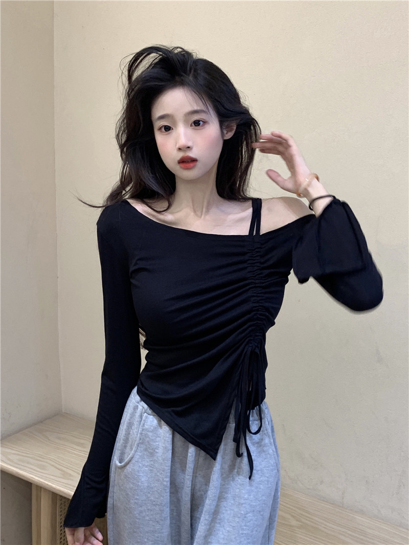 實拍~純欲百搭休閒露肩抽繩長袖T恤女春季不規則修身顯瘦上衣