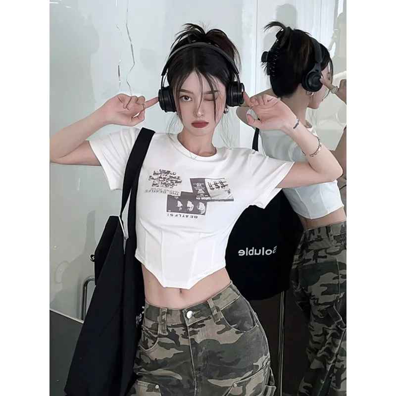 純棉 夏新款T恤女設計感小眾美式復古不規則短款露臍辣妹修身短袖