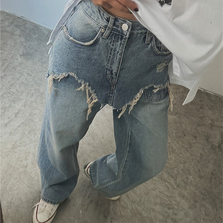 個性拉絲毛邊拼接短褲磨白牛仔褲