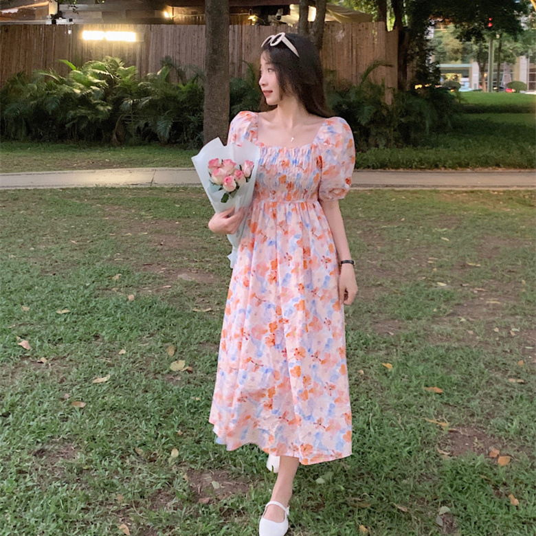 韓國chic夏季新款小香女風名媛寬鬆泡泡袖鬆緊腰碎花顯瘦連衣裙