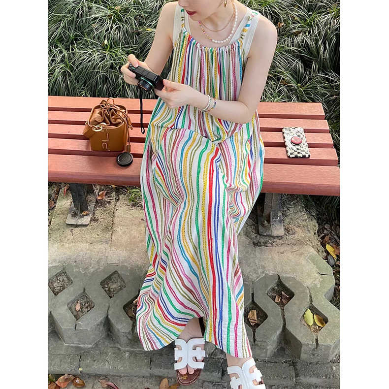 海邊度假復古彩虹豎條紋無袖長裙