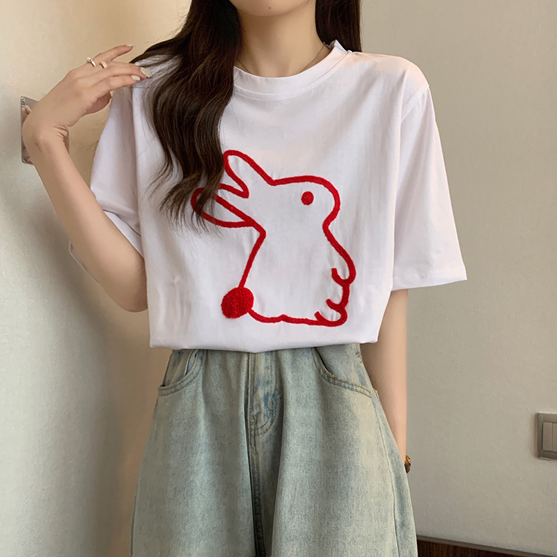 實拍  短袖t恤女夏刺繡花韓版潮圓領新款上衣大碼女裝